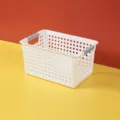 White perforated plastic storage basket with grey handles for kitchen or desktop organization - Small Perforated Basket / Beige