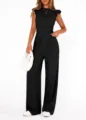 Women solid color summer two piece set ruffle sleeve top and wide leg pants casual outfit - S / Black