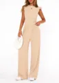 Summer solid two piece set with ruffle top and wide leg pants. Comfortable ribbed casual outfit. - S / Apricot