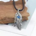 Punk silver feather pendant necklace with blue evil eye and black leather cord - Feather Evil Eye