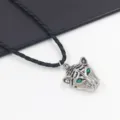 Men's vintage panther head pendant necklace with green eyes and black braided leather cord - Green Eye Tiger