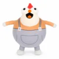 Nahaufnahme des Willem-Plüschtiers aus Gnome Show mit orangefarbenem Hemd und grauer Latzhose - Vorverkauf Runder Stil / M