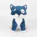 Vorderansicht eines süßen blau-weißen Shiba Inu Stofftiers aus weichem Stoff - Sitzend (geschlossene Augen) / 20x23x27cm / Blau