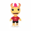 Nahaufnahme von Run Monster Run Plüsch-Dinosaurier mit rotem Shirt und Hose - Zapi Gelber Dinosaurier