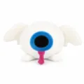 Detailansicht des weißen Plüschtiers mit gesticktem Augapfel und rosa Zunge von vorne - Big Eye Style / 18x15x18cm