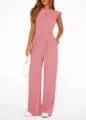 Pink sleeveless ruffle top and high waist wide leg pants set for women summer casual wear. - S / Pink