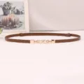 Women slim brown belt detail featuring golden metal buckle and pearl decoration for waist. - Caramel color