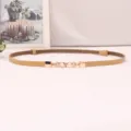 Detail view of thin leather women belt with elegant gold pearl metal buckle on white surface. - Apricot