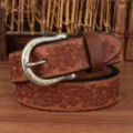Cintura in vera pelle goffrata vintage con fibbia robusta, dettaglio in stile retro. - 105cm / Kaki
