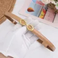 Exquisite women's thin leather belt with chic gold double buckle, elegant retro waist accessory. - Glossy Apricot
