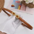 Women thin patent leather belt vintage gold buckle stylish waist accessory for dress - Glossy Light Brown