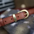 Retro genuine leather women belt with metal horseshoe buckle casual jeans strap vintage brown - Khaki