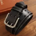 Cintura in Pelle Nera Traforata da Uomo con Fibbia a Doppio Ardiglione per Jeans - 105cm / Nero