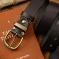 Cintura da uomo vintage in vera pelle di bue con fibbia ad ardiglione in ottone massiccio - Nero / 105cm