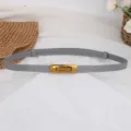 Dettaglio di cintura sottile in pelle grigia minimalista con fibbia in metallo dorato. - Grigio