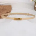 Dettaglio cintura sottile in pelle donna, cintura beige con fibbia dorata, accessorio elegante. - Albicocca