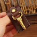 Durable leather belt key holder with brass hook metal hardware detail, vintage brown leather accessory. - Coffee