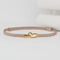 Slim leather belt for women with elegant gold heart buckle. Perfect dress accessory. - Khaki