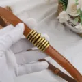 Detail shot of a stylish brown patent leather belt with unique gold metal ring decorations. - Polished Camel