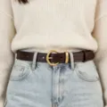 Cintura da donna in vera pelle marrone con fibbia rotonda dorata per abito variante - 105cm / Caffè