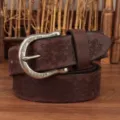 Cintura in vera pelle retrò da uomo con motivo floreale inciso e fibbia in metallo solido - 105cm / Caffè