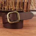 Cintura in vera pelle vintage da donna con fibbia in metallo ottone stile retrò - Caffè / 105cm