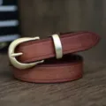 Cintura in vera pelle marrone con fibbia in ottone, cinturino vintage per donna. - Cammello