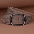 Cintura in vera pelle di vacchetta marrone retrò con stampa Las Vegas e fibbia nera. - Khaki scuro / 105cm