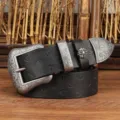 Cintura in vera pelle goffrata vintage con fibbia in metallo argentato intagliato e ancore. - 105cm / Nero