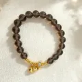 Handmade natural smoky crystal bead bracelet with elegant gold-plated gourd charm for women - Style 15