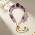 Handmade natural amethyst and crystal beaded bracelet with adjustable gold-tone sliding chain - Style 16