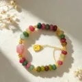 Elegant multi-colored natural crystal beaded bracelet with gold fortune tag - Style 18