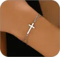 Minimalistisches silbernes Kreuzarmband mit Doppelketten-Design am Handgelenk - Silber Seitwärts Kreuz Doppellette