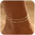Eleganter doppellagiger Gold-Fußkettchen mit kleinen runden Perlen für Damen am Strand - Stil 2