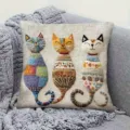 Close-up detail of linen throw pillow featuring colorful artistic cat embroidery pattern. - 35x35cm (Without Core) / SBZA022501