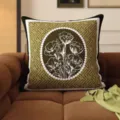 Vintage green decorative pillow with floral line art pearl oval frame and lace trim - 35x35 cm (Without Insert) / SBZA050402