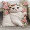 Cute embroidered cat cushion detail showcasing floral wreath and plush texture design. - 35x35cm (Without Core) / SBZA047004