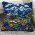 Vista detallada de la funda de cojín decorativa con colorido diseño de paisaje bordado. - Doble Cara 35x35cm (Solo Funda) / BBGR11