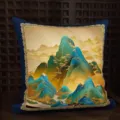 Cuscino divano stile paesaggio cinese, morbido cuscino quadrato blu lusso per soggiorno decoro. - Pittura Paesaggistica (MAKH01) / 35x35cm (Senza Anima)