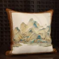 Cuscino d'arredo stile cinese paesaggio, cuscino d'arte blu di lusso per divano soggiorno. - Pittura Paesaggistica (MAKH03) / 35x35cm (Senza Anima)