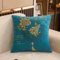 Detailed view of classical Chinese blue throw pillow with elegant peony embroidery on sofa. - 35x35cm (Without Core) / DAMH01 (Blue Peony)