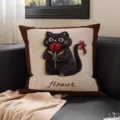 Retro style black cat embroidered cushion detail showcasing unique tufting and pillowcase texture. - 35x35cm (Without Core) / SBZA214003