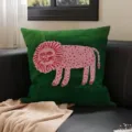 Green square throw pillow with retro pink lion illustration, vintage decorative sofa cushion. - 35x35cm (Without Core) / Green Lion