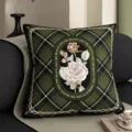 Vintage green plaid throw pillow detail with retro rose pattern and elegant text decor. - 35x35 cm (Without Insert) / QVH02