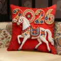 Red 2026 horse year embroidered cushion cover, festive sofa throw pillow with intricate design. - 35x35cm (Without Core) / SBZA063001
