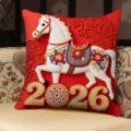 Red festive horse year embroidered throw pillow for living room sofa soft cushion decoration - 35x35cm (Without Core) / SBZA063002