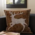 Vintage brown decorative throw pillow with elegant white beaded deer design for sofa couch. - 35x35 cm (Without Insert) / Brown Reindeer