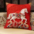 Red festive year of the horse embroidered throw pillow, 2026 new year sofa cushion - SBZA063005