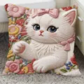 Cute cat print throw pillow with pink bow and floral design for sofa bedroom car decor. - SBZA047005