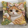 Cute cat print throw pillow, orange tabby with flower crown and mushroom pattern sofa cushion. - SBZA047007